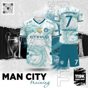 Áo tập luyện Man City trắng xanh ngọc họa tiết rồng cực chất