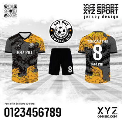 Mẫu Demo Áo Đá Bóng K47 PHT Màu Đen Phối Cam – Sức Mạnh Tinh Thần Chiến Binh