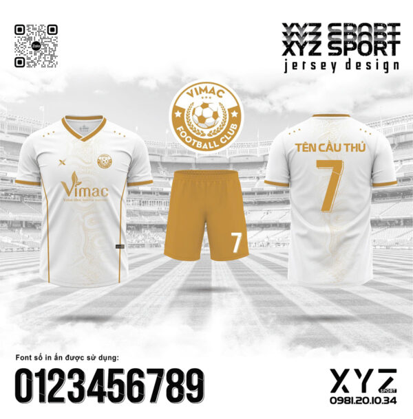 Demo Áo Đấu VIMAC FC Màu Trắng Phối Vàng Đồng – Thiết Kế Thể Thao Đẳng Cấp Từ XYZ Sport