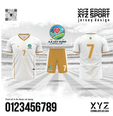 Demo Thiết Kế Áo Đấu A.E Xây Dựng Màu Trắng Phối Vàng Đồng – Thiết Kế Độc Quyền Từ XYZ SPORT