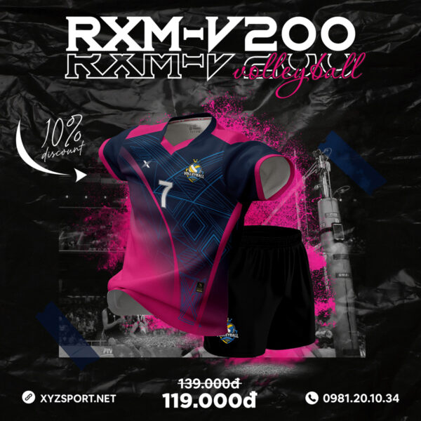 RXM-V200 - Bộ Áo Bóng Chuyền Thiết Kế Màu Tím Than Phối Hồng Đậm