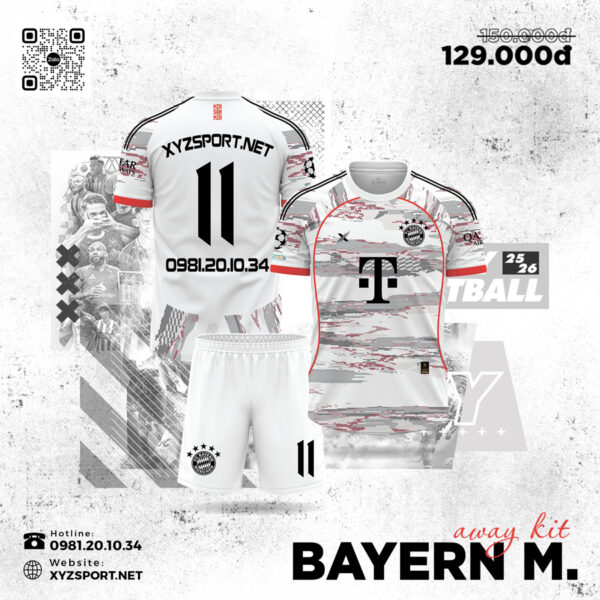 Áo Bóng Đá Bayern Munich Away Kit 25/26 Màu Trắng Đẳng Cấp