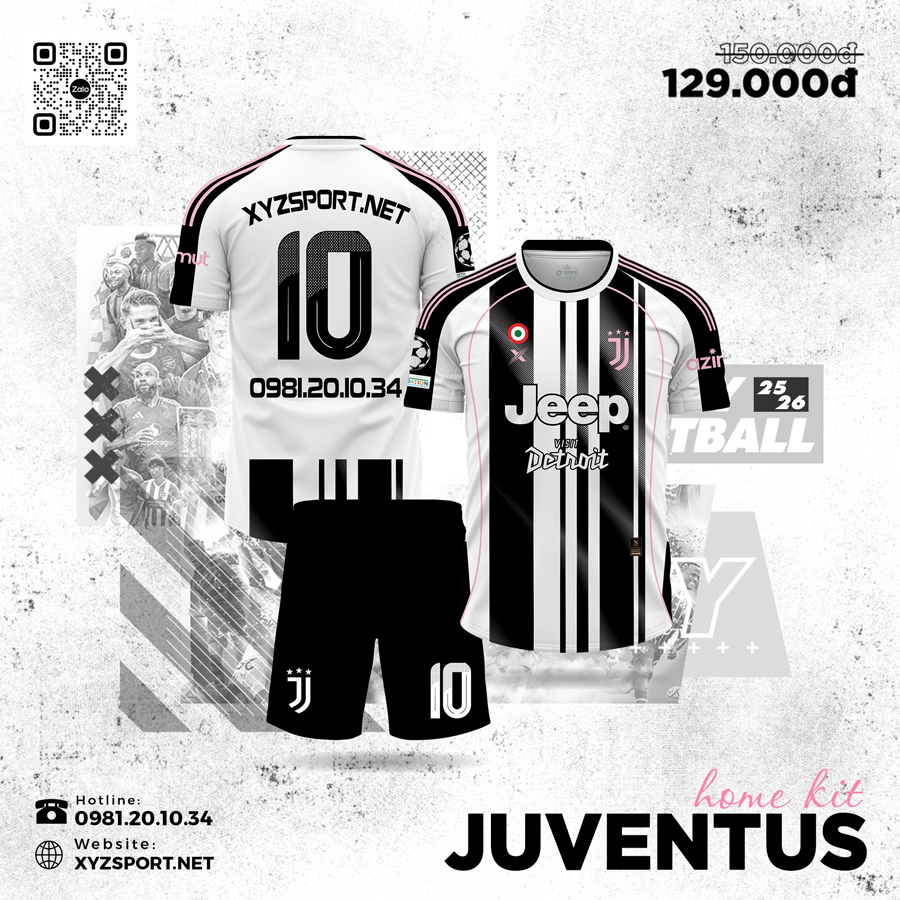 Áo Juventus 2025-26 sân nhà - phối màu trắng đen viền hồng pastel