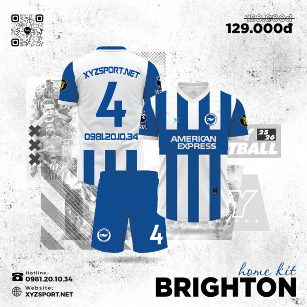Brighton Home Kit 25/26 – Áo Đá Bóng Xanh Bích Phối Trắng Truyền Thống Độc Đáo