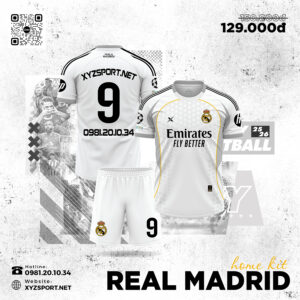 Sét Áo Đấu Real Madrid Trắng 2025-2026 Viền Vàng Cá Tính