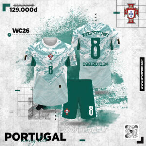 Áo Bóng Đá Portugal Concept Màu Trắng Họa Tiết Xanh Ngọc Sóng Hiện Đại