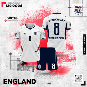 Mẫu Đội Tuyển  Inglaterra World Cup 2026 - Bộ Quần Áo Thi Đấu Trắng Phối Tím Than Cao Cấp
